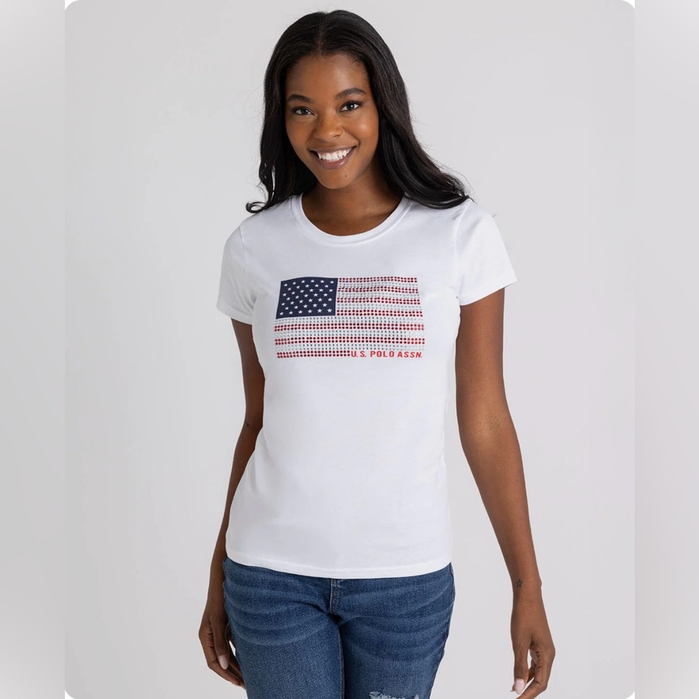 RHINESTONE U.S. Polo Assn. FLAG Scoop T-Shirt M